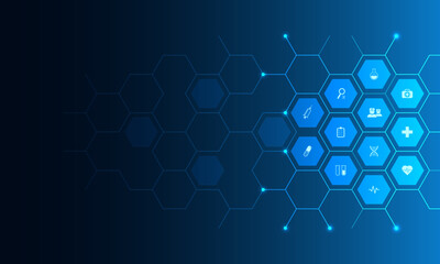 Wall Mural - healthcare and technology concept with flat icons and symbols. template design for health care busin