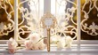 an elegant, crystal-encrusted key with a miniature mansion keychain in a grand entrance door