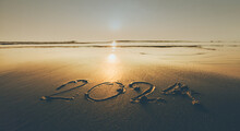 Happy New Year 2024 Ocean Sunrise On The Beach Shore Concept