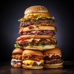 Wall Mural - Tower of delicious burgers and cheeseburgers with lettuce, tomato, onion and sesame seed bun on dark background