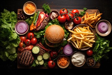 Wall Mural - Fast food background. Top view of delicious cheeseburgers with french fries and fresh vegetables.