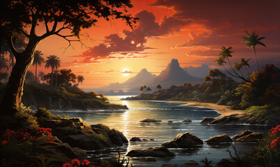 Wall Mural - Tropical landscape in the light of the rising sun.