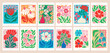 Groovy Floral posters for your design. Hand drawn Groovy prints with flowers and leaves. Postcards bohemian theme,