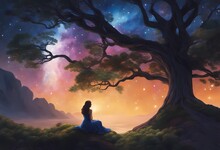   A woman sits under a tree, with her back turned to the viewer, lost in contemplation as she gazes into the night sky.
