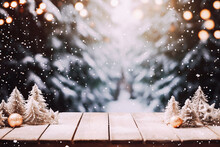 Christmas Background, Empty Wooden Tabletop With Shiny Toys And Snow-covered Fir Trees, Sparkling Garlands, Bokeh
