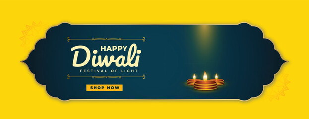 Happy Diwali yellow background with oil lamps and light effect web banner or poster design vector file 