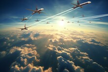 Multiple planes flying in the sky with beautiful trails. Generative AI