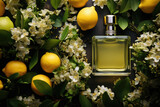 Luxury green Fragrance bottle, yellow lemon, white jasmine flowers