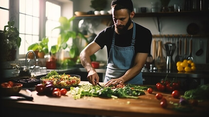 Hipster modern kitchen table chop vegetables prepare fresh vegetable salad for dinner. Vegetarian concept. Generative AI