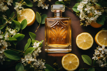 Wall Mural - Luxury Fragrance bottle with lemon and white flowers