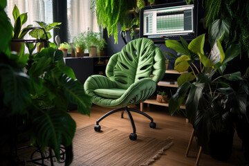 Canvas Print - Green monstera design chair with  green plants in home office room