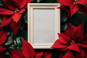 Canvas Print - White frame with red Christmas flowers, mock up