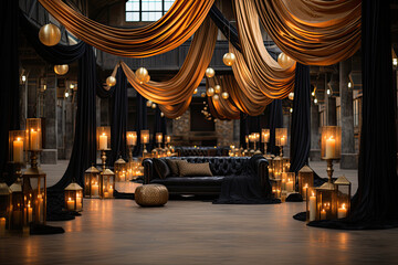 Aufkleber - Halloween interior decoration made of black orange fabric and candles in living room