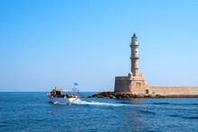 Venetian Harbour And Lighthouse In Chania. Crete, Greece