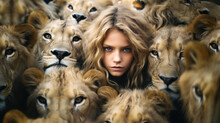 Lioness, Beautiful Feral Young Woman Standing Between Lions Being The Odd One Out From The Group