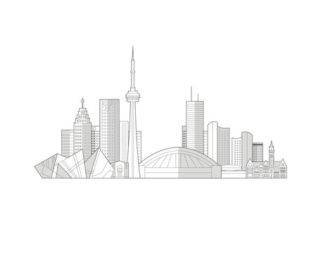 Toronto cityscape line art style vector illustration in black and white