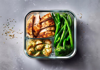 Wall Mural - Grilled chicken slices with potato and baked vegetables in lunch container on table.Macro.AI Generative