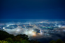 Aerial View City Night From Mountain View Point On Top Of Mountain, Chiang Mai, Thailand