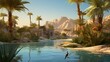 an image of a songbird in a desert oasis with palm trees and a shimmering pool