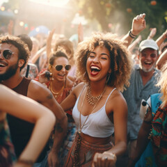 Wall Mural - beautiful brunette latina woman celebrating with friends a biodiversity event on the street in high resolution and high sharpness