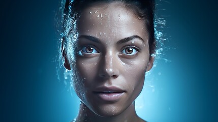 woman with a blue background and a studio light shining on her face