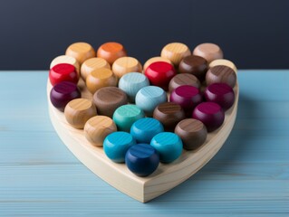 Photo of a colourful heart-shaped wooden object  on a blue table - created with Generative AI technology