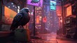 an image of a songbird in a cyberpunk alleyway with neon signs
