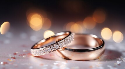 Designer wedding rings in the corner of a panoramic banner with copy space and selective focus on a glittering background.