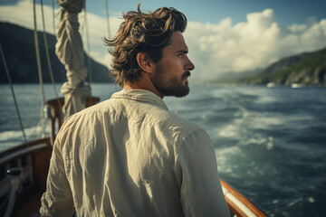 Back view of Caucasian sailor on sailing yacht in tropical seas