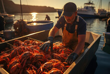 A Fisherman Sorts Seafood On A Boat.