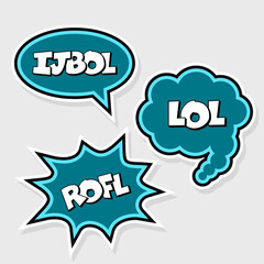 Set of vector stickers in blue color in pop art style. LOL, IJBOL, ROFL phrases. Vector illustration of three speech bubbles, icons on white background.