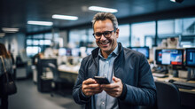 A professional journalist reporter man smiling at his workplace with a mobile phone in his hands Generative AI Illustration