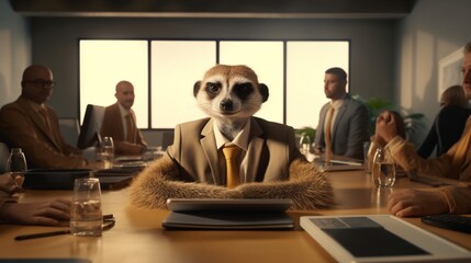 Craft a surrealistic composition of a meerkat in a business suit, conducting a meeting with other animals in a desert boardroom.