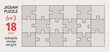 © Bisams - Empty jigsaw puzzle grid template, 6x3 shapes, 18 pieces. Separate matching irregularly elements. Flat vector illustration layout, every piece is a single shape.