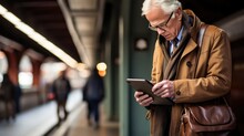 Senior Passenger Standing On A Subway Platform, Holding A Tablet. Convey The Message That Age Is No Barrier To Embracing Modern Conveniences And Staying Connected On The Go.