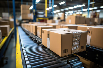 Many brown cardboard boxes sealed with tape on a conveyor belt in a packaging workshop