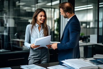 Wall Mural - Two business executives discussing financial legal papers in office at meeting. Smiling female lawyer adviser consulting mid aged client at meeting. Mature colleagues doing project paperwork overview