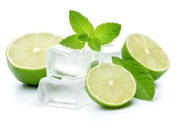 Ice cubes with fresh mint leaves and lime. Frozen water in shape of cube. Ice for lime drink, lemon soda or cocktails. Cold lemonade. Melting natural or real ice on white isolated background