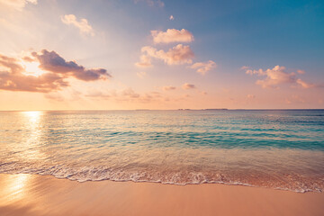 Best sea beach sky closeup colorful sunset. Panoramic majestic landscape. Tropical paradise beaches Mediterranean seascape. Blue gold sunshine sunlight soft sand waves calmness summer tranquil inspire