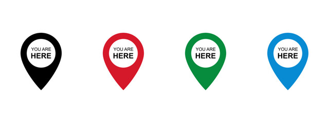 Poster - you are here pointer set. flat, color you are here icons. gps map pins. your location markers. black