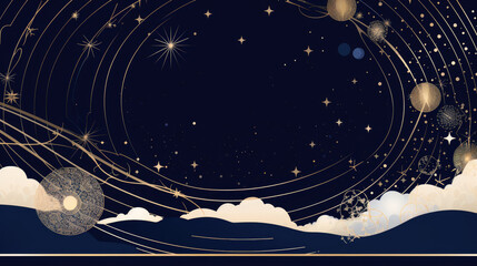 Wall Mural - magic night dark blue sky with sparkling stars wedding invitation. navy galaxy horizontal background