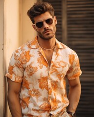 A man wearing a shirt with a vibrant floral pattern