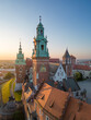 Aerial view of Wawel castle and Wawel cathedral during golden hour in the morning, Krakow, Poland