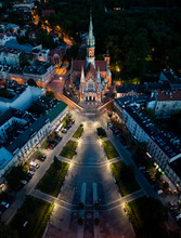 St Joseph Church On Rynek Podgorski Square, Krakow, Poland, Aerial View In The Night