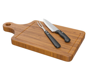 Sticker - Wooden meat cutting board with realistic barbecue knife and fork on transparent background in 3D rendering