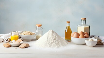 neatly arranged baking ingredients like flour, eggs, a rolling pin, and kitchen textiles on a minimalist light gray concrete backdrop. The composition allows for adding informative text.