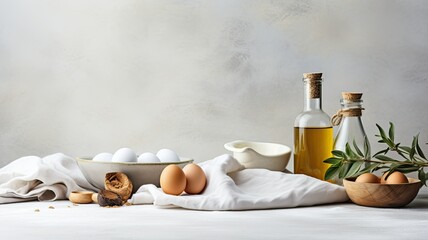 Wall Mural - neatly arranged baking ingredients like flour, eggs, a rolling pin, and kitchen textiles on a minimalist light gray concrete backdrop. The composition allows for adding informative text.