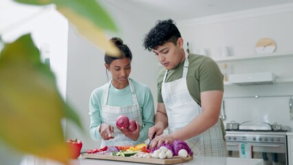 Sticker - Cooking, couple and vegetables in a home kitchen for vegan food, diet and healthy eating. A man and woman talking and cutting onions for dinner recipe, vegetarian salad or organic meal for nutrition