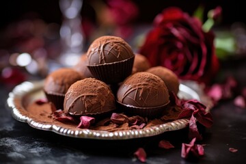 Poster - A plate of chocolates with a beautiful rose in the background. Perfect for romantic occasions or as a gift for loved ones.
