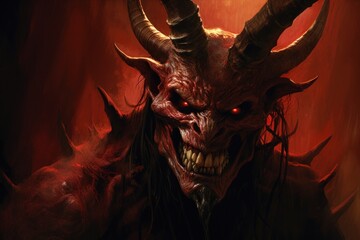 Poster - A picture of a demonic looking demon with long hair and red eyes. This image can be used in horror or fantasy-themed projects.